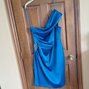 Dressbarn Collections Teal One-Shoulder Satin Dress with Beaded Detail